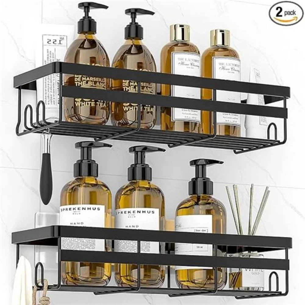 Adhesive Shower Caddy Shelf, 2 Pack - No Drilling Stainless, Black Shelves